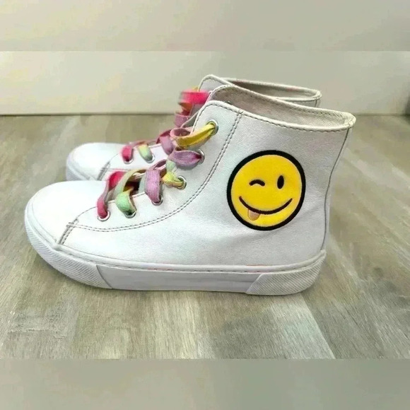 Sugar & Jade Girl's Happy Winky Face Hi Top Canvas Sneakers White Size 1 - Picture 1 of 6